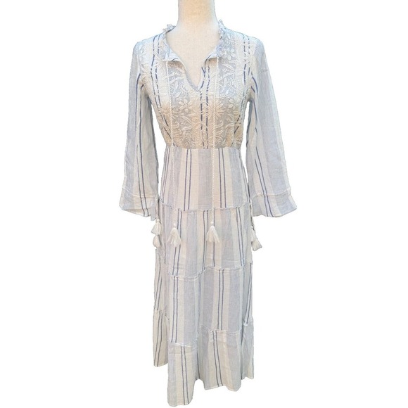 RAGA Dresses & Skirts - Raga Boho Maxi Dress Blue Embroidered Striped Fringe Indie‎ Festival Bohemian XS